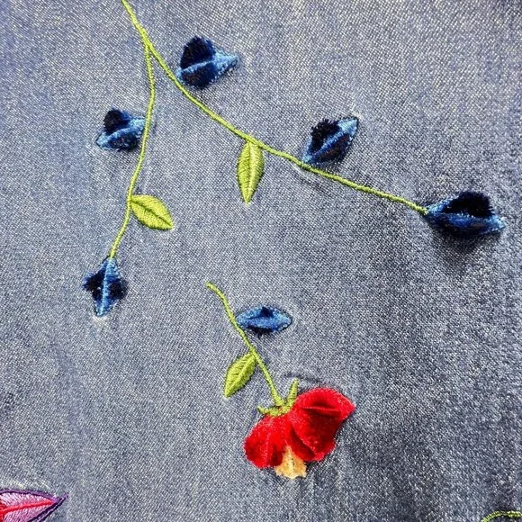 Vtg Bobbie Brooks Embroidered Denim Floral Shirt XL Floral Pintuck Blue Collar - Picture 7 of 16